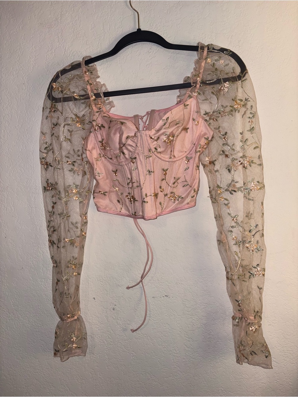Delicate Pink Embroidered Mesh Corset Top